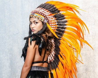 Orange Rooster Feather Headdress: Beaded Indian Replica