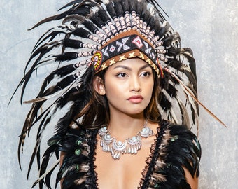 Short Indian Headdress Replica made with wild rooster feathers (shining green, white and brown)