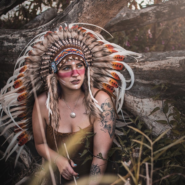 Medium Indian Headdress Replica made with real painted Swan feathers and white Rooster feathers