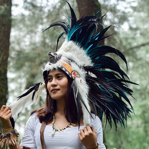 Mohawk natif turquoise, coiffe de plumes de costume indien, plumes de coq turquoise. Bandeau chapeau plume costume inspiré coiffure