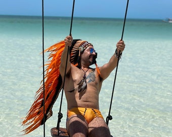 Long Orange Indian Headdress Replica made with rooster dyed feathers and front beaded band