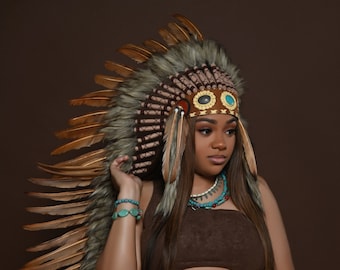Long Indian Headdress Replica made with white swan feathers dyed brown and turquoise stone in the front
