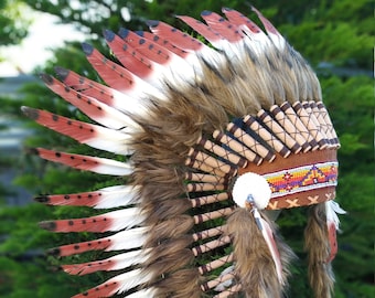 Indian Headdress – Handmade War Bonnet Replica with Red, White & Brown Feathers and Beaded Headband – Festival Costume or Wall Decor