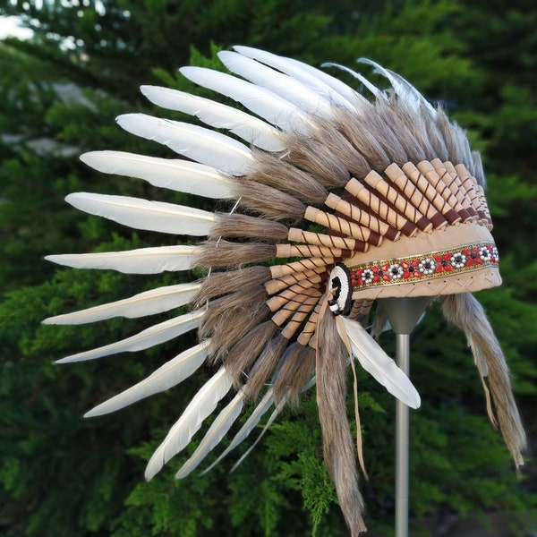 Short Indian Headdress Replica made with White Swan feathers with flower fabric in the front