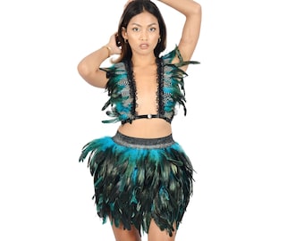 Top and Feather skirt,Festival outfit , Halloween costume , Dancer, Rave ,Party outfit ,Burning Man,Beach Party,Outdoor music festival dress