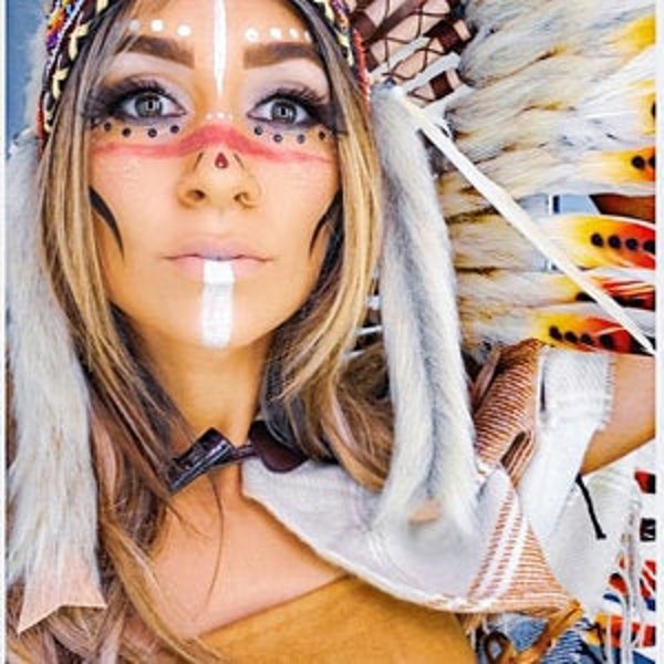 Medium Indian Headdress Replica made with real painted Swan feathers and white Rooster feathers