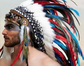 Feather War Bonnet Headdress: Native American Style Costume, Handmade in Bali