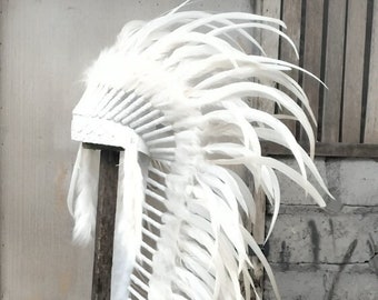 Long Indian Headdress Replica made with White Rooster feathers with sewed white cross in the front