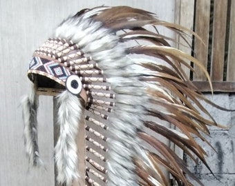 Long Brown Indian Headdress Replica made with rooster dyed feathers with beaded band in the front