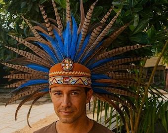 Handmade Aztec headdress with pheasant feathers. Vibrant, lightweight, and unique – perfect for festivals, dance, cosplay, and photoshoots.