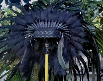All-Black Handmade Headdress | Real Black Rooster Feathers | 59cm Adult Size