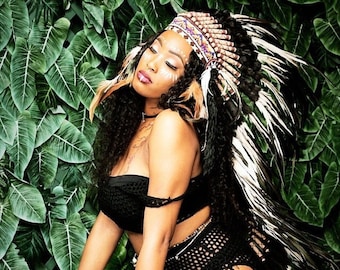 Long Indian Headdress Replica made with black and white rooster feathers and front beaded band