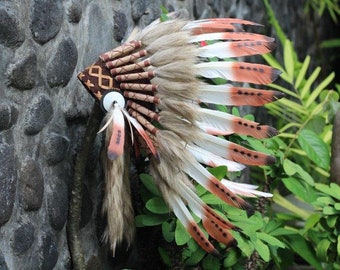 Enfant 5 à 8 ans 54cm / 21inch Coiffe indienne Réplique faite avec des plumes de cygne brun blanc et noir