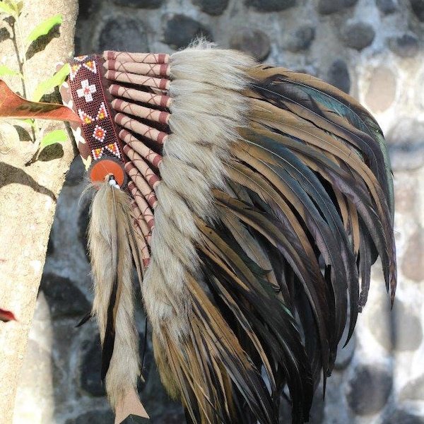 Short Brown Indian Headdress Replica made with rooster dyed feathers