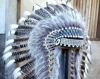 Medium Indian Headdress Replica made with real turkey feathers and silver beaded front work