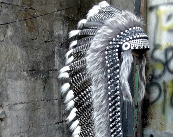 Long Indian Headdress Replica made with real turkey feathers and silver front