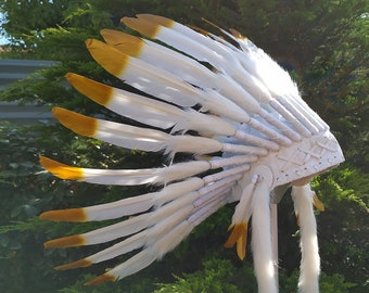 Child 5 to 8 years 54cm/21inch Indian Headdress Replica made with white swan feathers and gold edges