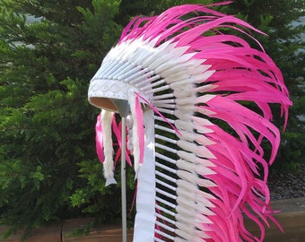 Long Indian Headdress Replica made with real rooster feathers dyed in pink color