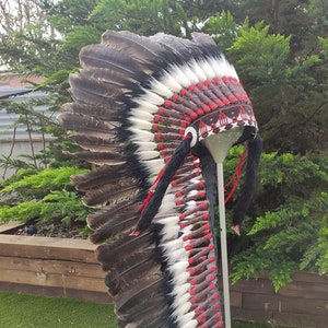 Long Indian Headdress Replica made with real turkey feathers and gold beaded front work image 1