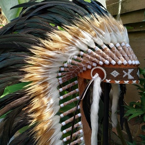 Long Brown Indian Headdress Replica made with real rooster feathers and brown and white fur and gold beaded work in the front image 7