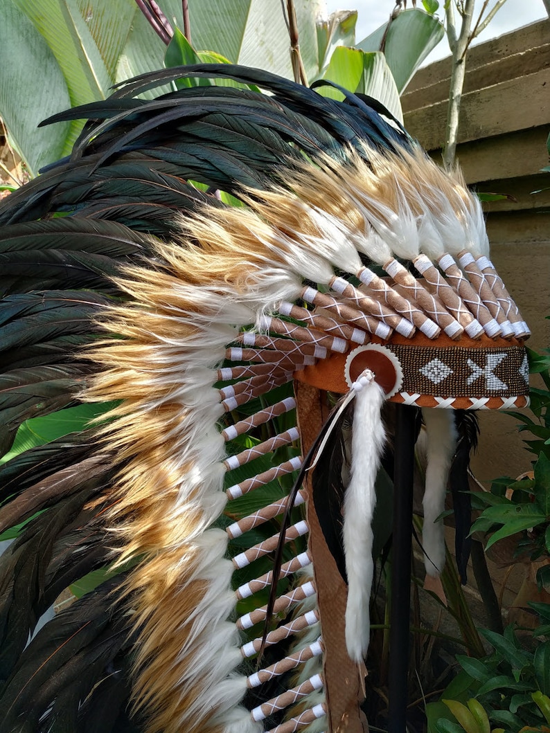 Long Brown Indian Headdress Replica made with real rooster feathers and brown and white fur and gold beaded work in the front image 7