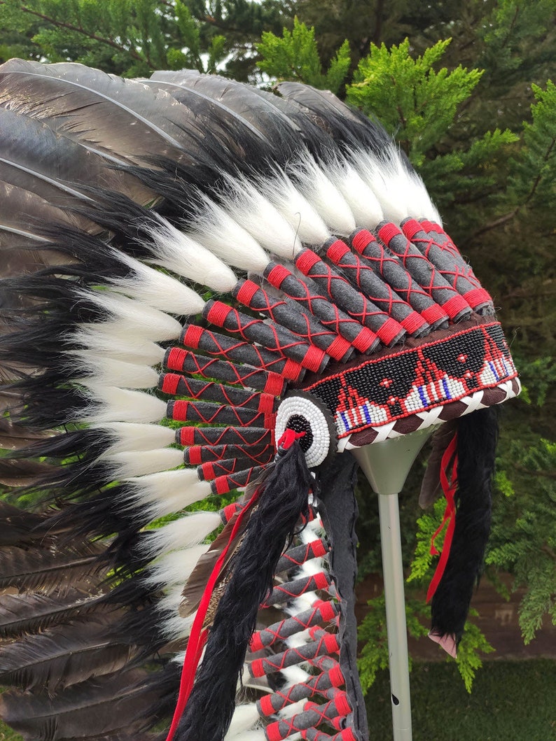 Long Indian Headdress Replica made with real turkey feathers and gold beaded front work image 3