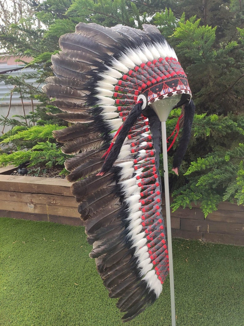Long Indian Headdress Replica made with real turkey feathers and gold beaded front work image 1