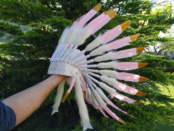 Handmade Feather Headdress: Pink & White, Gold Accents  display picture 2