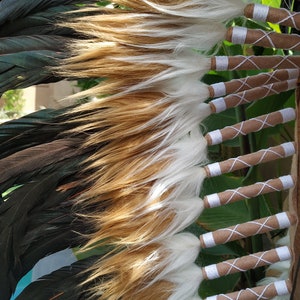 Long Brown Indian Headdress Replica made with real rooster feathers and brown and white fur and gold beaded work in the front image 10