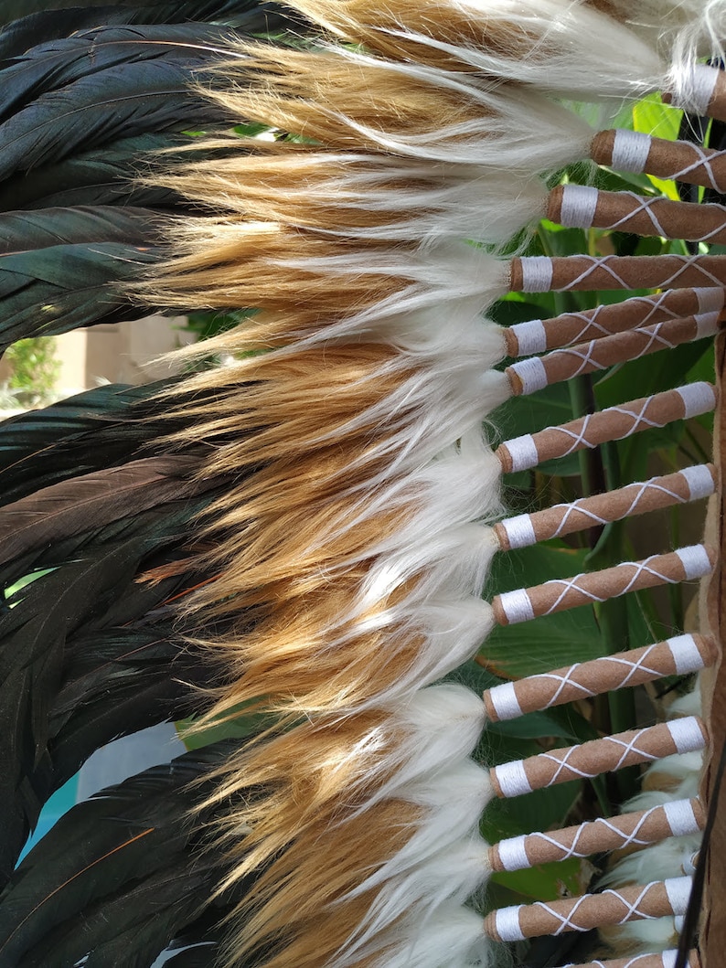 Long Brown Indian Headdress Replica made with real rooster feathers and brown and white fur and gold beaded work in the front image 10