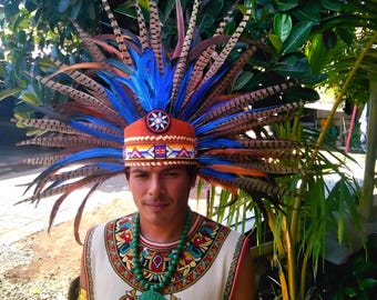 Aztec Pheasant Feather Headdress – Blue & Brown Festival Headpiece | Natural Pheasant Feathers | Unisex Costume/Cosplay