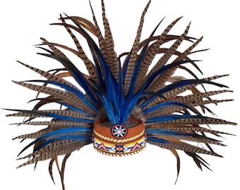Aztec Pheasant Feather Headdress – Blue & Brown Festival Headpiece | Natural Pheasant Feathers | Unisex Costume/Cosplay