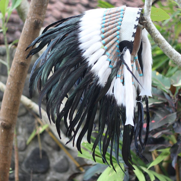 Baby 0 to 9 month 41 cm / 16.14 inch Indian Headdress Replica made with Natural Rooster feathers, Snake style fabric in the front