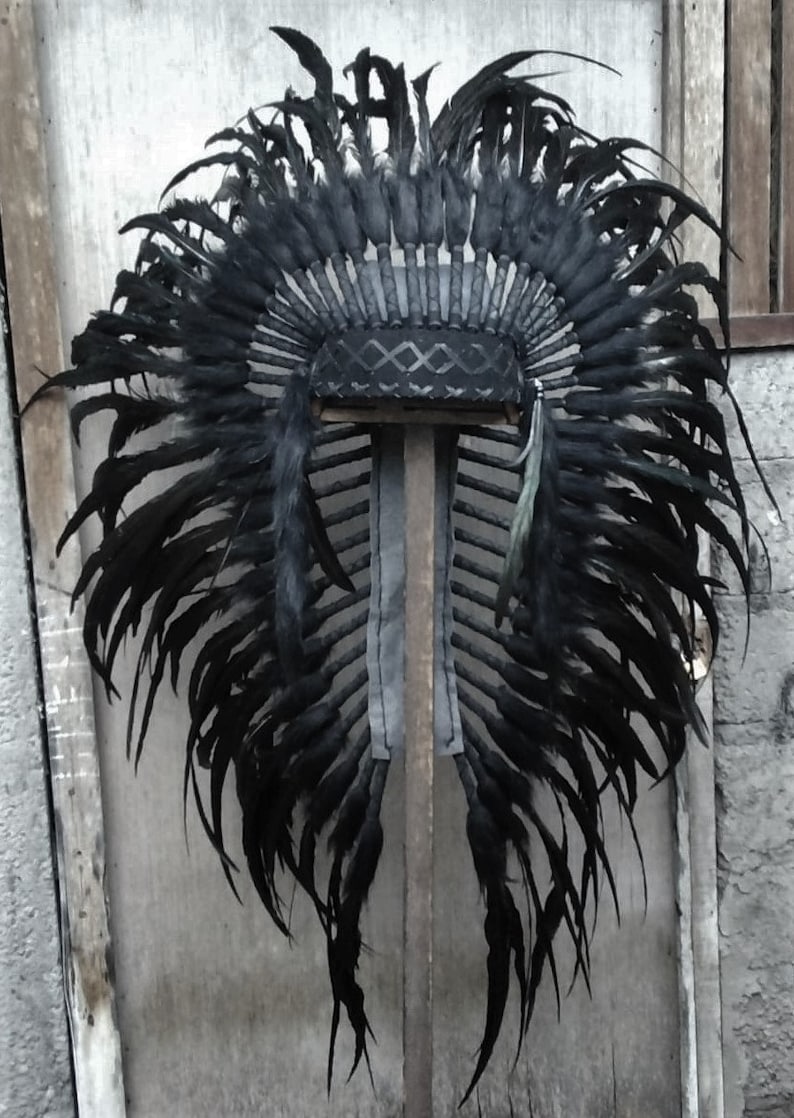 Réplique de coiffe indienne moyenne TOUT NOIR faite avec des plumes de coq noir image 4