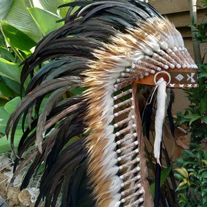 Long Brown Indian Headdress Replica made with real rooster feathers and brown and white fur and gold beaded work in the front image 4