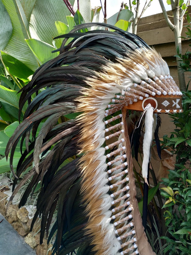 Long Brown Indian Headdress Replica made with real rooster feathers and brown and white fur and gold beaded work in the front image 4