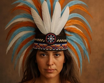 Aztec Feather Headdress – Handmade Tribal Costume Hat | Festival, Dance, Carnival & Cosplay Accessory