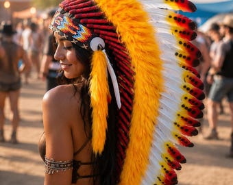 Yellow Feather Headdress, Handmade Festival Headpiece, Boho Feather Crown, Burning Man Carnival Costume Accessory