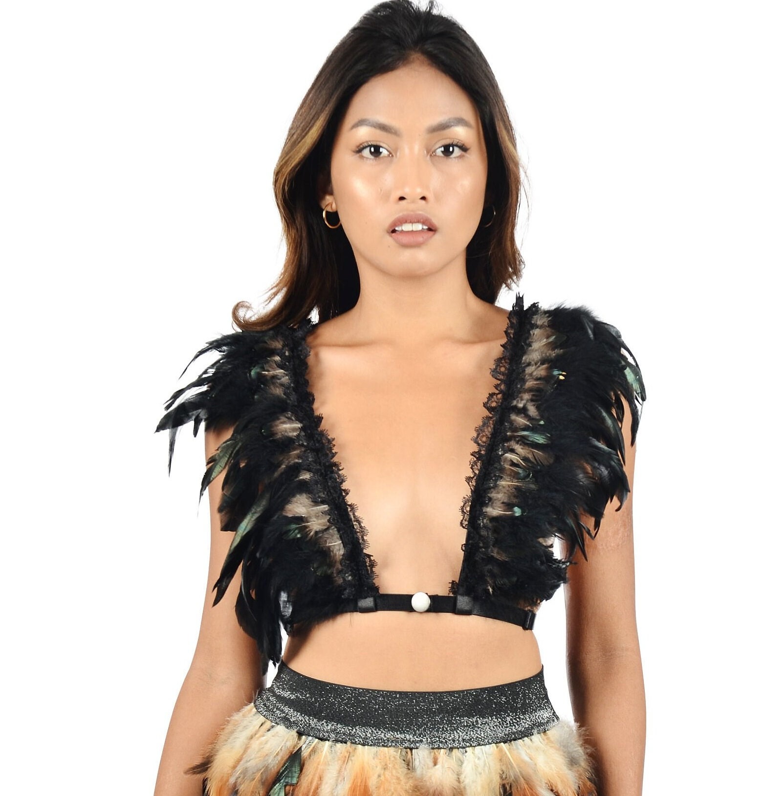 Tan Black feather harness top unisex rave festival caged straps lace cape gothic Women main image 3
