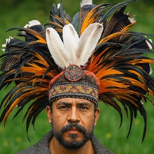 Tocado Azteca con Plumas Naturales et Chaquira | Hecho a Mano | Ideal para Danzas, Ritual, Fiesta o Decoración Tradicional