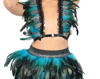Feather Top and Skirt Set: Festival Rave Outfit