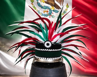 Mexican Feather Headdress | Red Green White Festival Headpiece | Boho Tribal Costume | Burning Man Outfit | Handmade Statement Headpiece