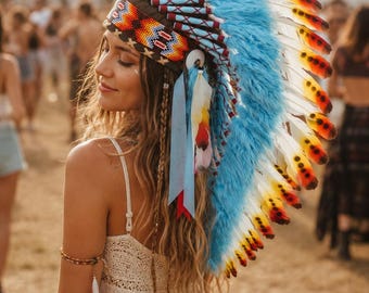 Blue Feather Headdress, Handmade Boho Festival Headpiece, Feather Crown Costume, Burning Man Carnival Party Accessory