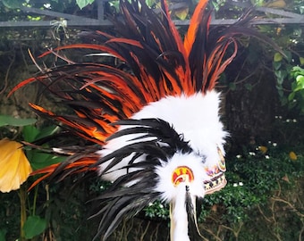Tribal Warrior Feather Headpiece – Handmade Orange and Black Mohican Headdress for Festival, Burning Man, Cosplay & Carnival Costume