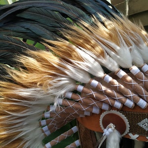 Long Brown Indian Headdress Replica made with real rooster feathers and brown and white fur and gold beaded work in the front image 9