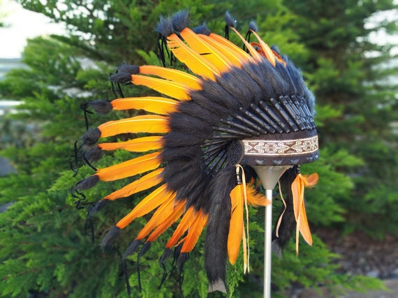 Short Orange Indian Headdress Replica made with Orange swan feathers and fabric band on the front