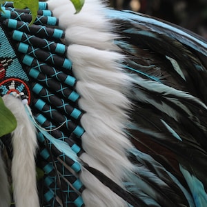 K&ouml;nnte beinhalten: Ein indianischer Kopfschmuck mit wei&szlig;en und blauen Federn, schwarzem und blauem Perlenbesatz und einem roten und blauen Perlenband.