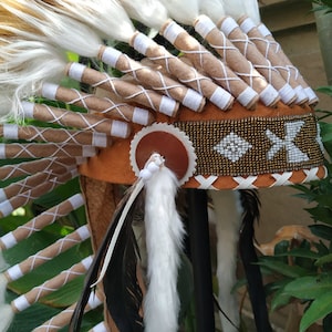 Long Brown Indian Headdress Replica made with real rooster feathers and brown and white fur and gold beaded work in the front image 8