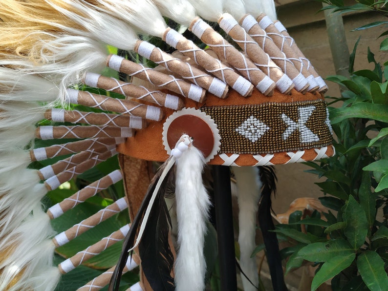 Long Brown Indian Headdress Replica made with real rooster feathers and brown and white fur and gold beaded work in the front image 8