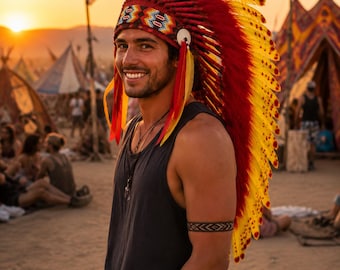Red Yellow Feather Headdress, Festival Costume Headpiece, Carnival Feather Crown, Boho Party Headwear, Burning Man Outfit Accessory